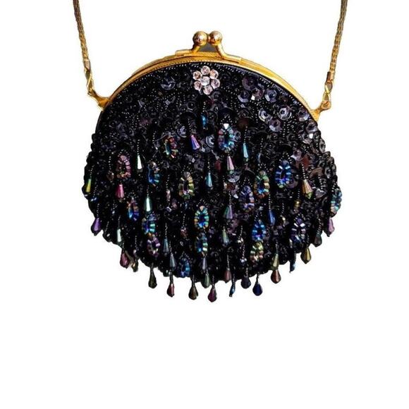 New Black Beaded Sequins Purse Cocktail Long Chain Gold Flower Holiday Event - Picture 2 of 8